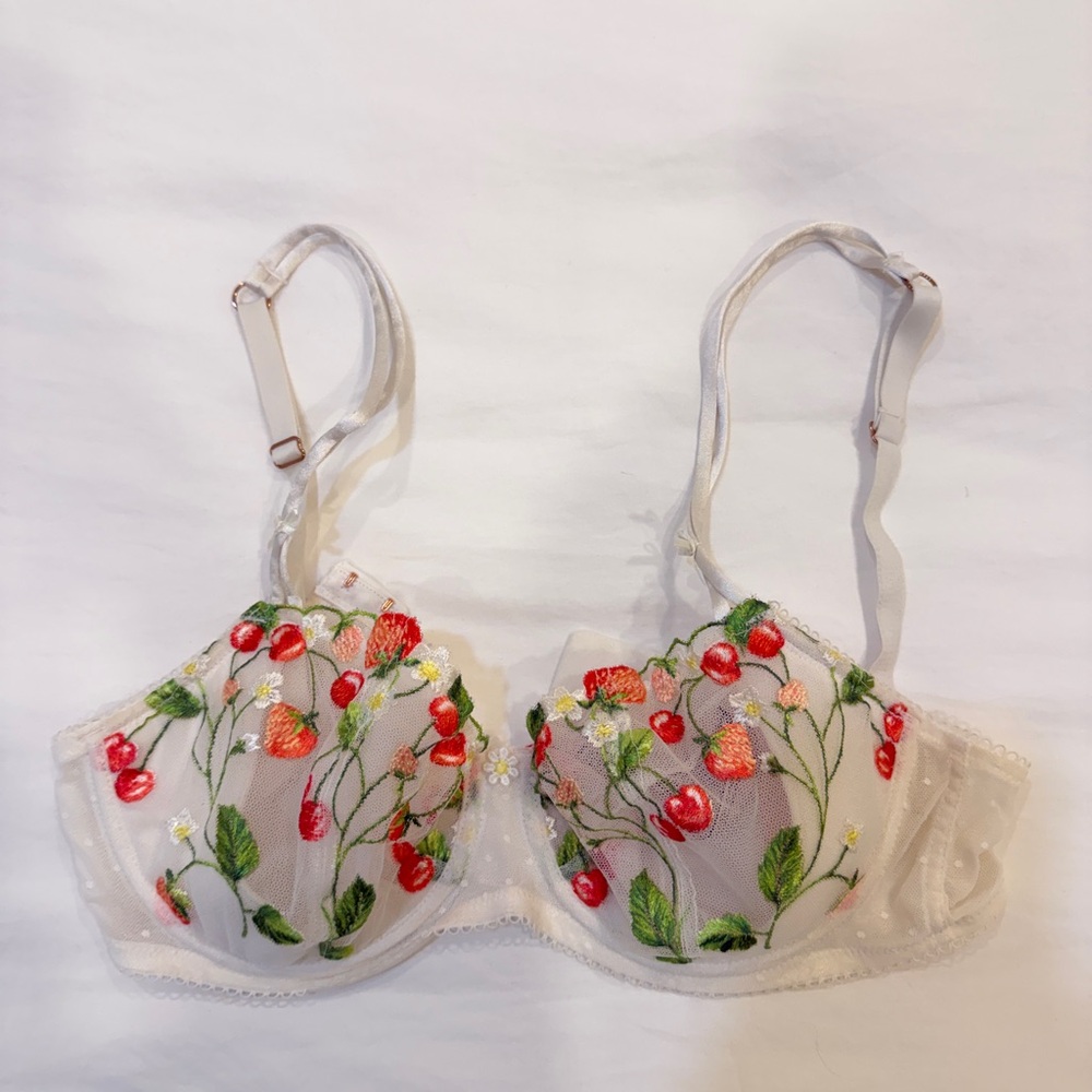 Victoria's Secret Strawberry Embroidered Bra - White and Red